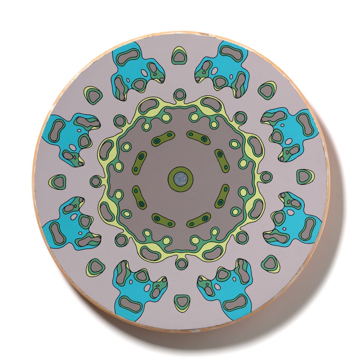 <br/>Portola Bedrock, 2023<br/>18" diameter<br/>acrylic, opaque marker and glitter on wood